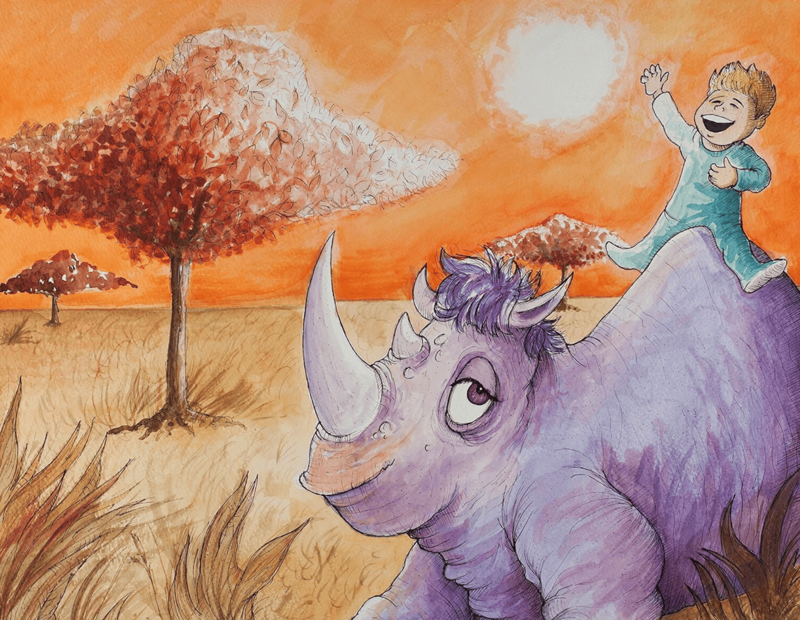 Toddler in blue pajamas riding a purple rhinoceros through orange fields